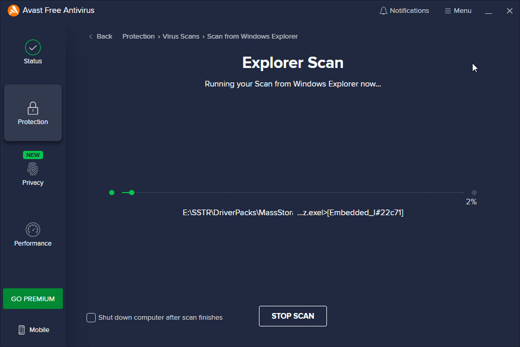 quá trình quét virus của avast