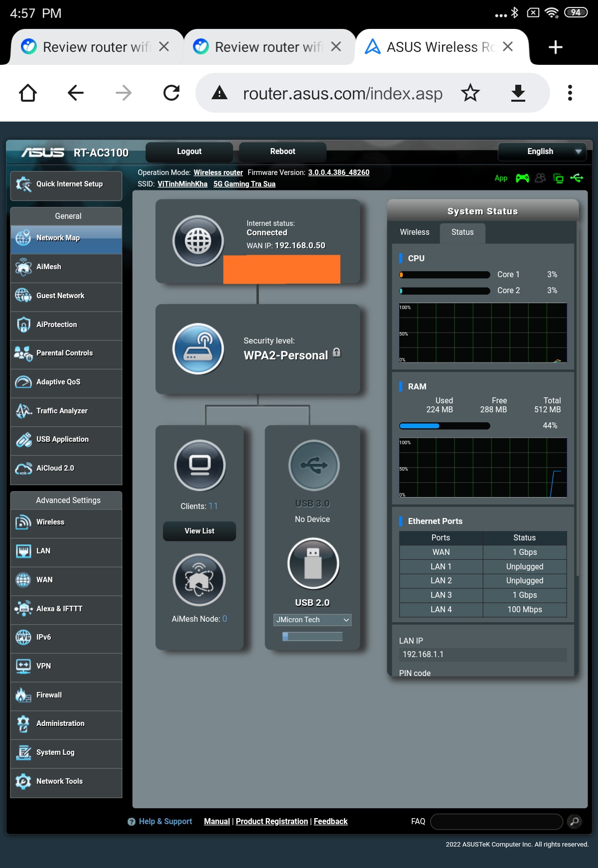 Giao diện điều khiển router asus