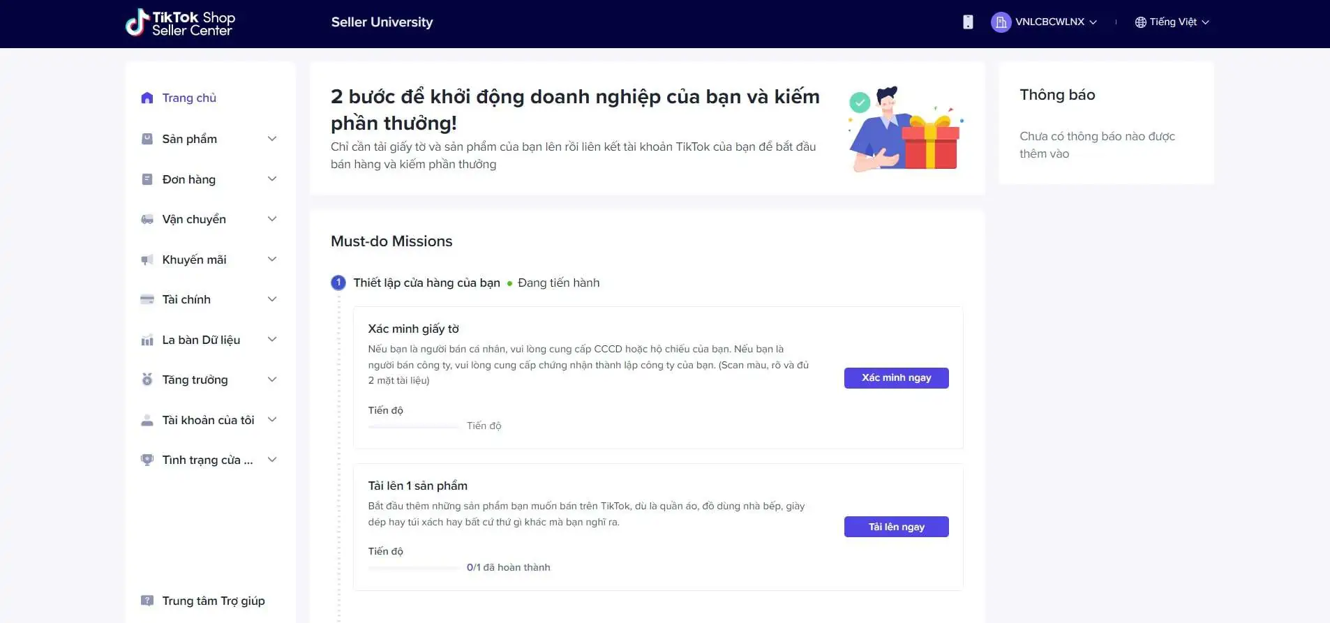 Giao diện khi đăng ký thành công tiktok shop